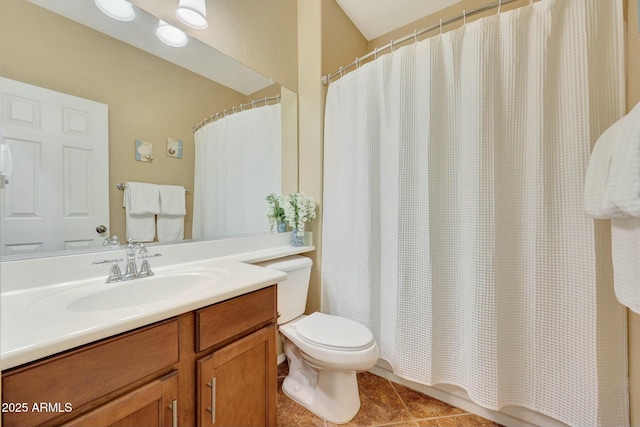 bathroom featuring a shower with curtain, tile patterned floors, toilet, and vanity