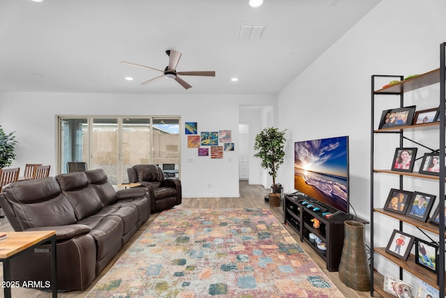 3913 W Mcneil St, Laveen, AZ 85339 - living room with recessed lighting, wood finished floors, visible vents, and ceiling fan