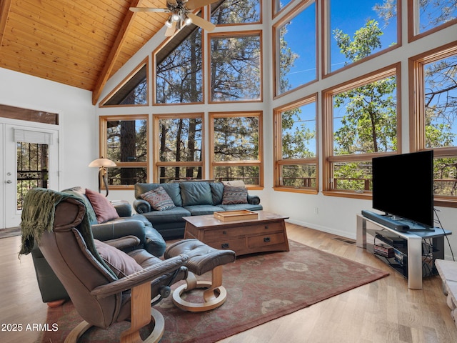 525 E Turkey Trl, Munds Park, AZ 86017 - living area featuring high vaulted ceiling, wood finished floors, ceiling fan, and wooden ceiling