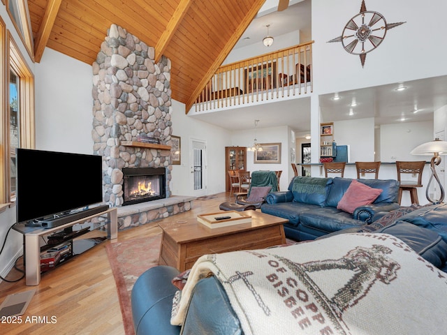 525 E Turkey Trl, Munds Park, AZ 86017 - living area with high vaulted ceiling, wood finished floors, a fireplace, a wood ceiling with exposed beams, and a chandelier