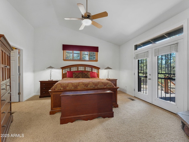 525 E Turkey Trl, Munds Park, AZ 86017 - bedroom with french doors, light carpet, access to outside, high vaulted ceiling, and ceiling fan