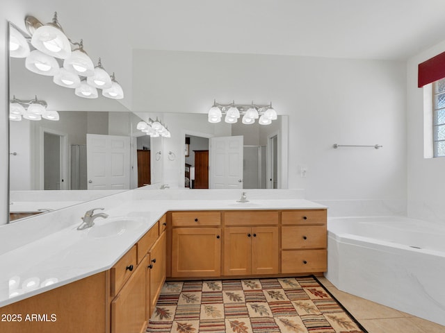 525 E Turkey Trl, Munds Park, AZ 86017 - bathroom featuring double vanity, a garden tub, a shower stall, and tile patterned floors