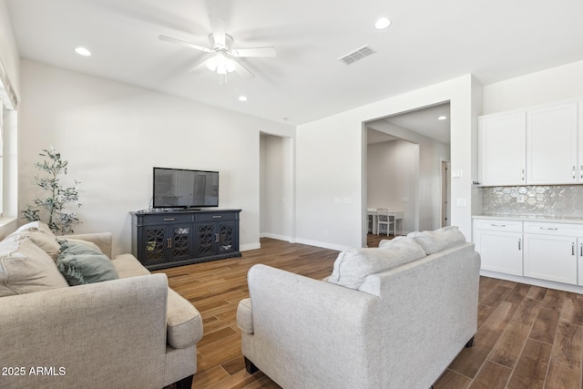 20606 E Avenida Del Valle Ct, Queen Creek, AZ 85142 - living area with recessed lighting, ceiling fan, visible vents, and dark wood-type flooring