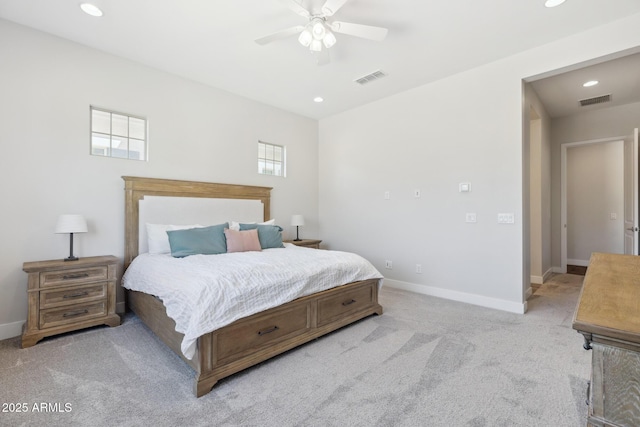 20606 E Avenida Del Valle Ct, Queen Creek, AZ 85142 - bedroom with baseboards, light carpet, recessed lighting, and visible vents