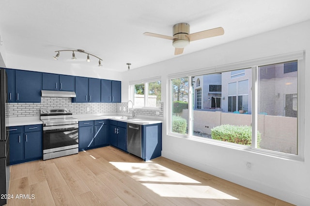 kitchen featuring blue cabinets, sink, tasteful backsplash, light hardwood / wood-style flooring, and appliances with stainless steel finishes