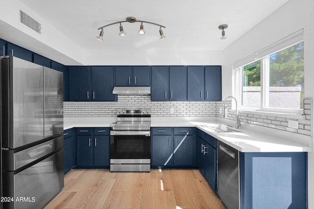 kitchen with blue cabinets, decorative backsplash, sink, and stainless steel appliances