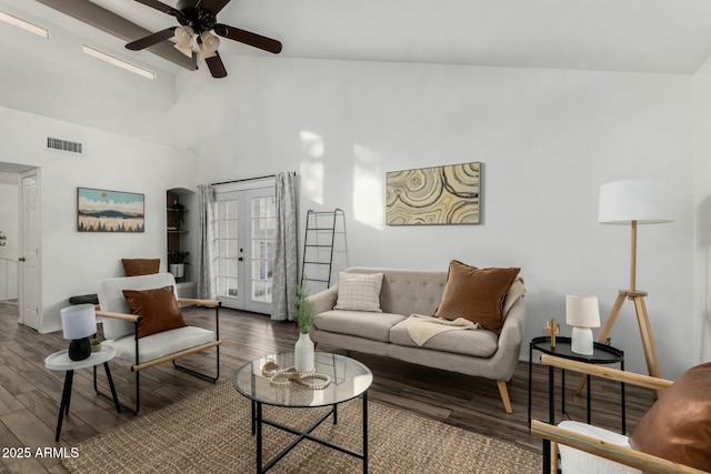 living room featuring ceiling fan, high vaulted ceiling, and hardwood / wood-style floors