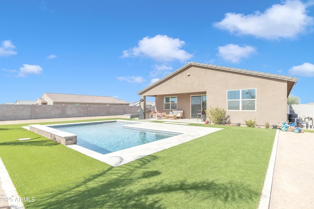 view of pool featuring a patio, a yard, a fenced backyard, and a fenced in pool