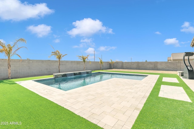 view of swimming pool with a fenced in pool, a fenced backyard, and a yard