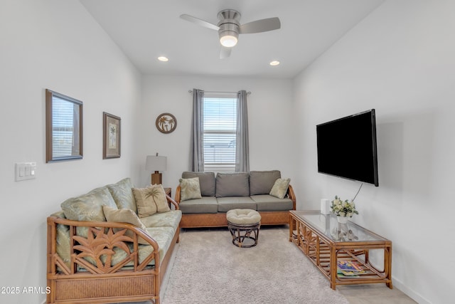 living area with recessed lighting and ceiling fan