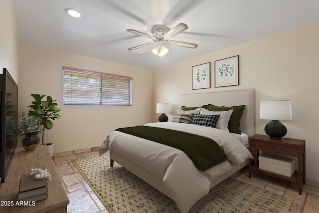 848 S Revolta Cir, Mesa, AZ 85208 - bedroom with stone tile flooring, baseboards, and a ceiling fan
