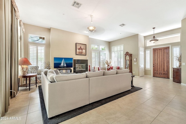 living room featuring light tile patterned flooring