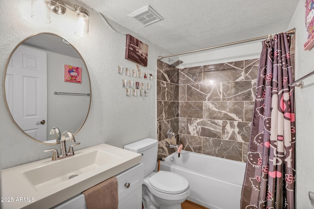 3500 N Hayden Rd Unit 203, Scottsdale, AZ 85251 - bathroom featuring a textured ceiling, toilet, shower / tub combo, vanity, and a textured wall