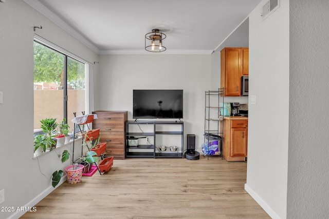 3500 N Hayden Rd Unit 203, Scottsdale, AZ 85251 - living room featuring light wood-type flooring, ornamental molding, and baseboards