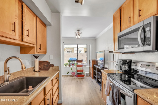 3500 N Hayden Rd Unit 203, Scottsdale, AZ 85251 - kitchen featuring appliances with stainless steel finishes, a sink, light wood-style floors, crown molding, and baseboards