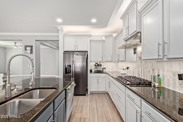 kitchen with under cabinet range hood, a sink, appliances with stainless steel finishes, crown molding, and decorative backsplash