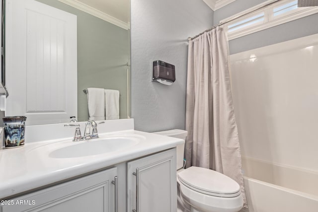 full bath with vanity, shower / tub combo, toilet, and ornamental molding