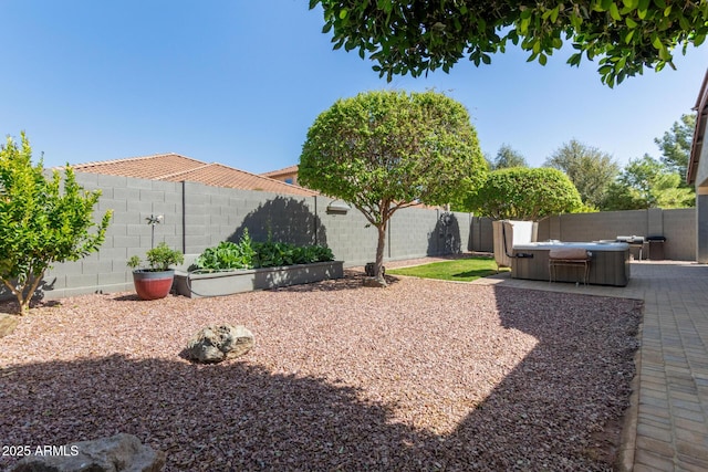 view of yard featuring a vegetable garden, a patio area, a fenced backyard, and a hot tub