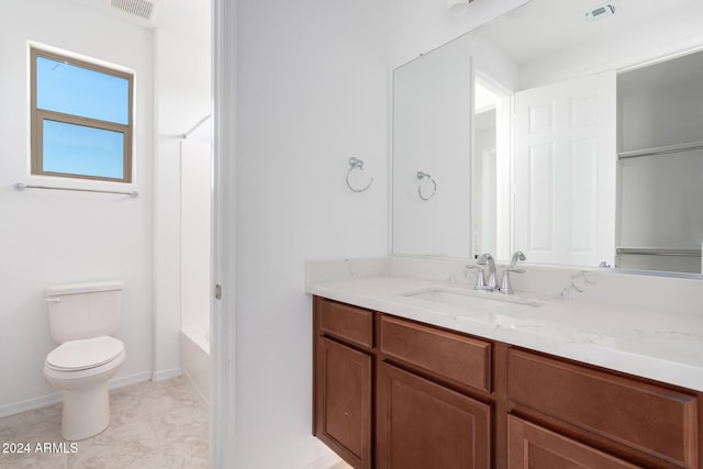 full bathroom with toilet, washtub / shower combination, and vanity