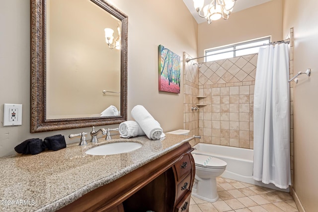 2731 W Desert Ranch Rd, Phoenix, AZ 85086 - bathroom with toilet, vanity, shower / bathtub combination with curtain, tile patterned flooring, and a chandelier