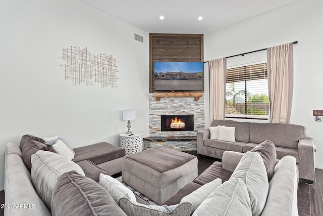 2731 W Desert Ranch Rd, Phoenix, AZ 85086 - living area with wood finished floors, a fireplace, and recessed lighting