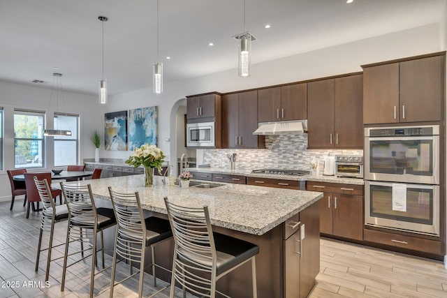 10886 N 137th St, Scottsdale, AZ 85259 - kitchen with under cabinet range hood, a sink, backsplash, stainless steel appliances, and arched walkways