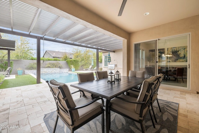 10886 N 137th St, Scottsdale, AZ 85259 - view of patio / terrace featuring a fenced in pool, outdoor dining space, and a pergola