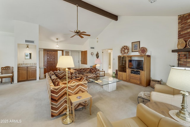 living room with light carpet, high vaulted ceiling, beamed ceiling, and visible vents