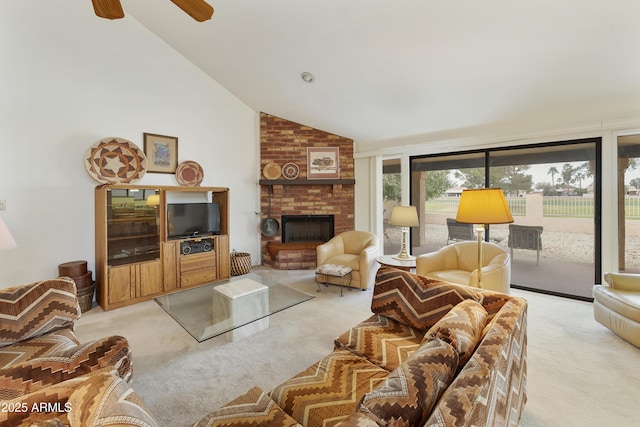 carpeted living area featuring lofted ceiling and a fireplace