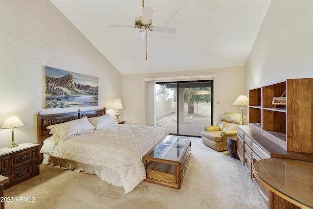 bedroom featuring high vaulted ceiling, access to outside, light carpet, and ceiling fan