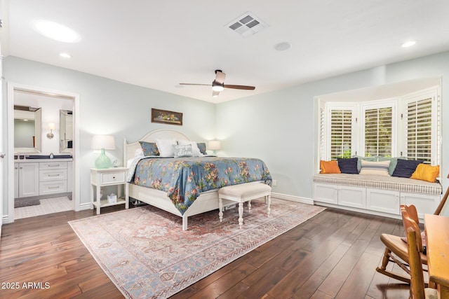 4710 N 33rd Pl, Phoenix, AZ 85018 - bedroom with dark wood finished floors, connected bathroom, ceiling fan, and recessed lighting