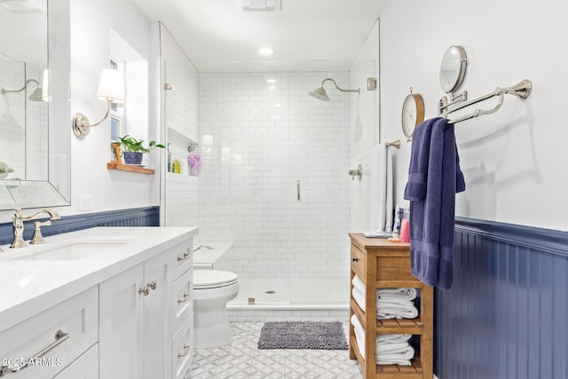 4710 N 33rd Pl, Phoenix, AZ 85018 - full bath featuring vanity, a shower stall, wainscoting, and tile patterned floors
