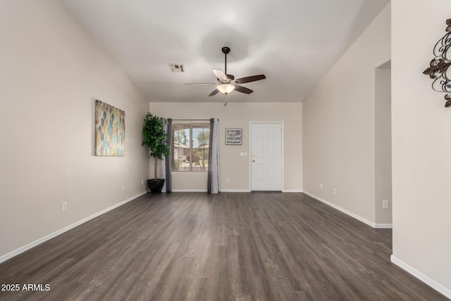 unfurnished living room featuring ceiling fan, dark wood finished floors, baseboards, and visible vents