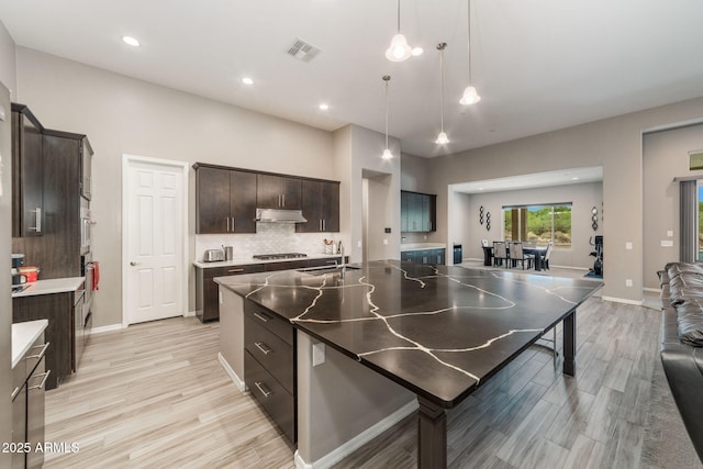 kitchen with an island with sink, light hardwood / wood-style floors, dark brown cabinetry, and decorative light fixtures