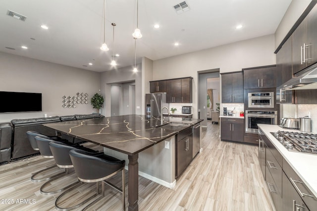 kitchen featuring appliances with stainless steel finishes, decorative light fixtures, sink, dark brown cabinetry, and a center island with sink