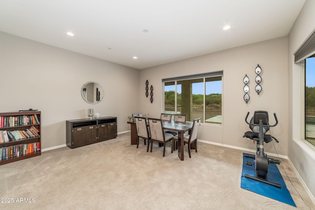 dining area with light colored carpet