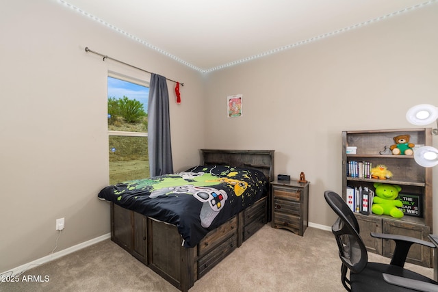 bedroom with light carpet