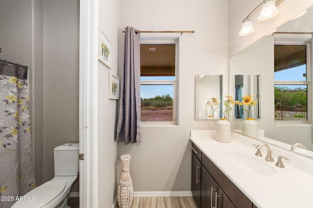 bathroom with vanity, hardwood / wood-style floors, and toilet