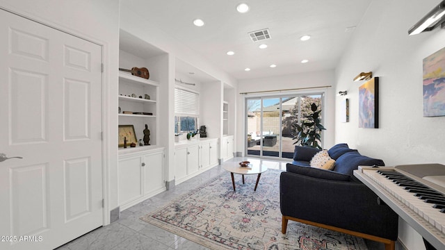 living room with built in features, recessed lighting, marble finish floor, and visible vents