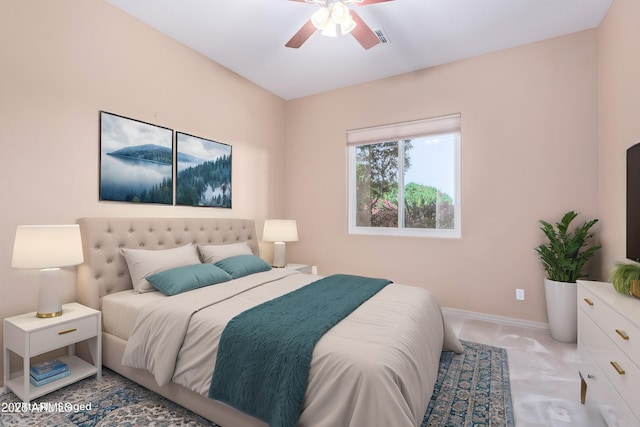 bedroom with a ceiling fan, visible vents, and baseboards