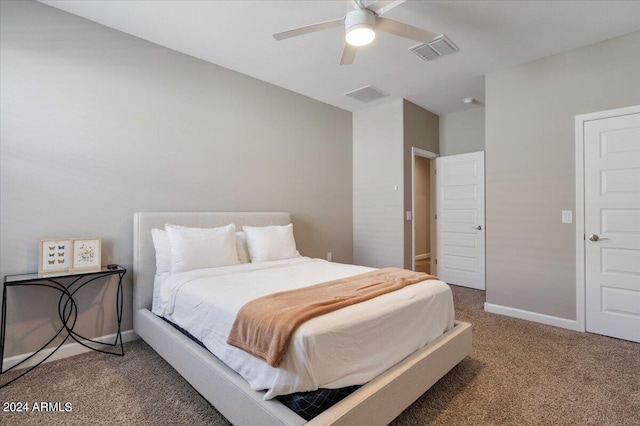 bedroom with ceiling fan and dark carpet