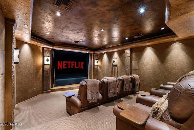 cinema room with a raised ceiling and carpet flooring