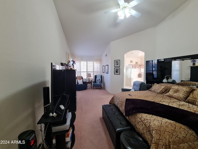 bedroom with carpet, ceiling fan, and lofted ceiling