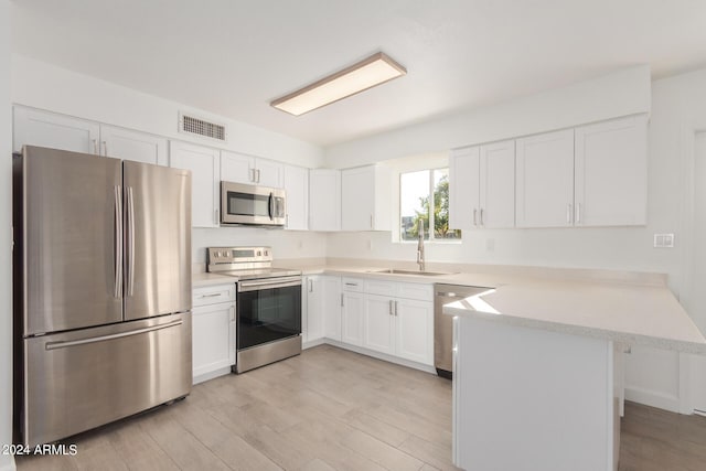 kitchen with kitchen peninsula, stainless steel appliances, light hardwood / wood-style floors, white cabinetry, and sink