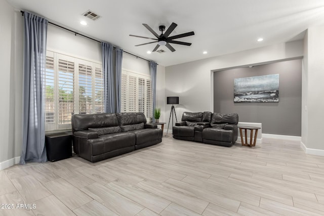 870 E Megan St, Gilbert, AZ 85295 - living room with a ceiling fan, baseboards, recessed lighting, and light wood-style floors