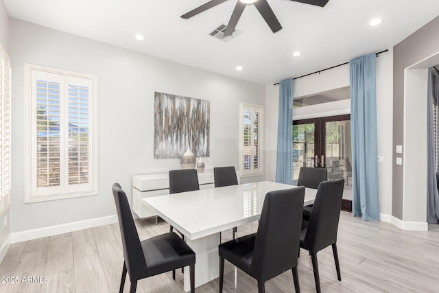 870 E Megan St, Gilbert, AZ 85295 - dining space featuring a ceiling fan, recessed lighting, baseboards, french doors, and light wood finished floors