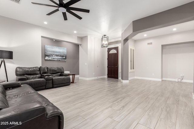 870 E Megan St, Gilbert, AZ 85295 - living area featuring ceiling fan, recessed lighting, light wood-style floors, and baseboards