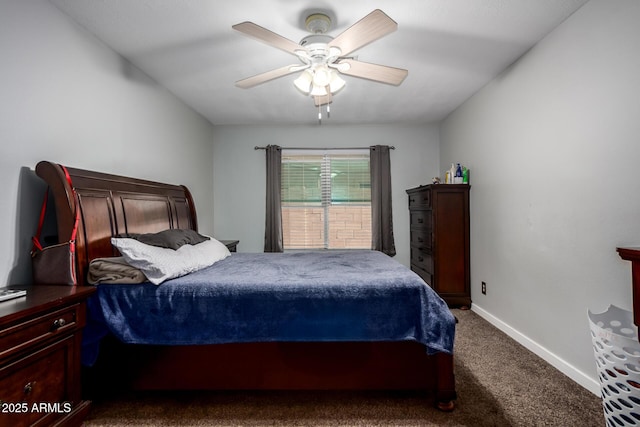 bedroom featuring a ceiling fan, baseboards, and carpet floors