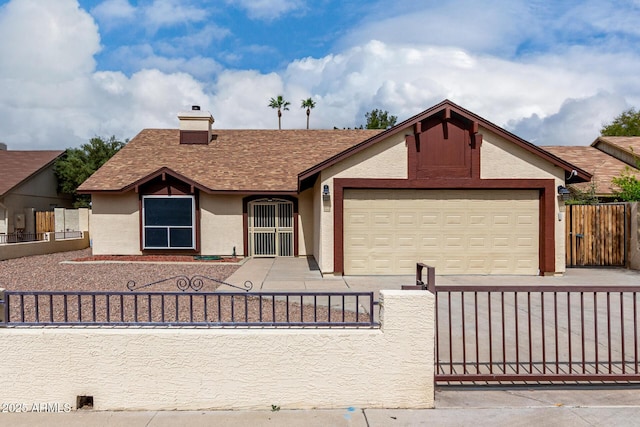 single story home featuring a fenced front yard, stucco siding, and an attached garage