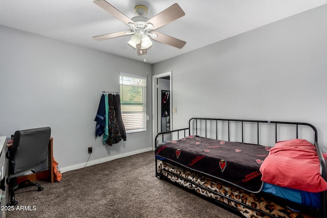 bedroom featuring ceiling fan, baseboards, and carpet floors